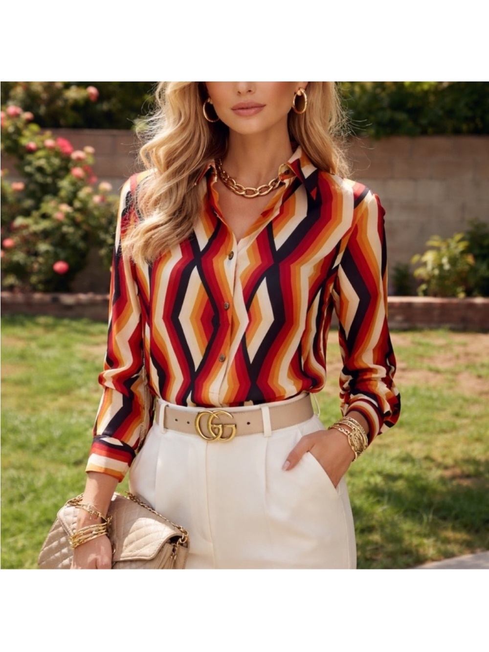 Anne Klein Red and Orange Geometric Top